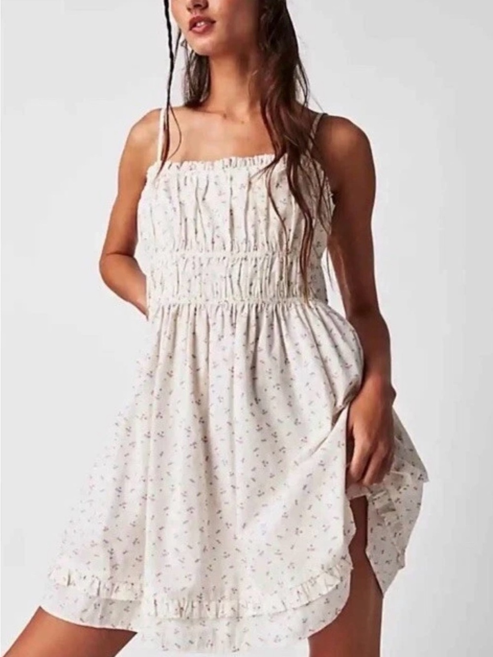 Free People babydoll mini dress with cherry print and tie closure back